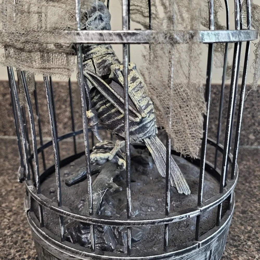 Spooky Village Animated Talking Skeleton Zombie Parrot in Cage Halloween Motion